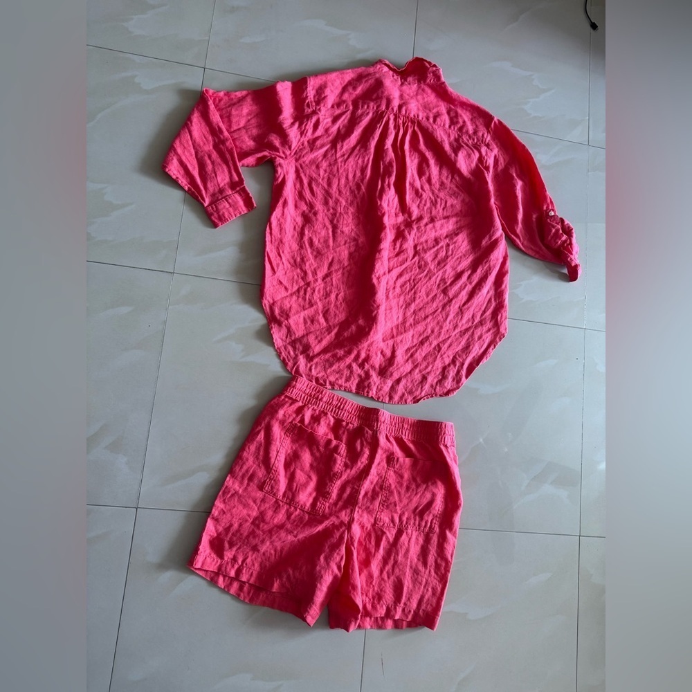 Lands and Hot Pink 2-Piece Shorts M 10-12 Set long sleeve shirt L(14-16) Linen - Picture 3 of 16